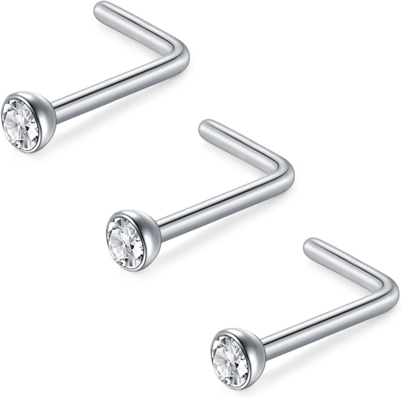 D.Bella 16G 18G 20G 22G L Shaped Nose Studs Surgical Steel 1.5mm 2mm 2.5mm 3mm Clear Colorful Diamond CZ Nose Rings Studs Nose Rings for Women Nose Nostril Piercing Jewerly Silver Gold Rose Gold Black - Image 1